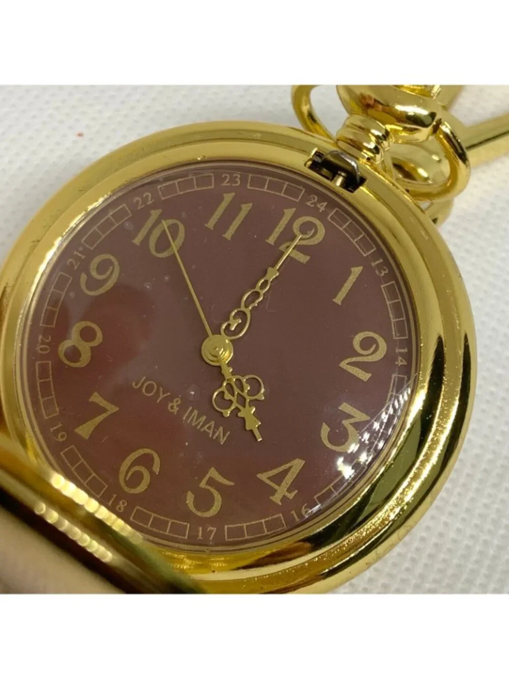 joy & iman Pocket Watch Quartz Clip On Purse Fob Gold Tone brown dial running